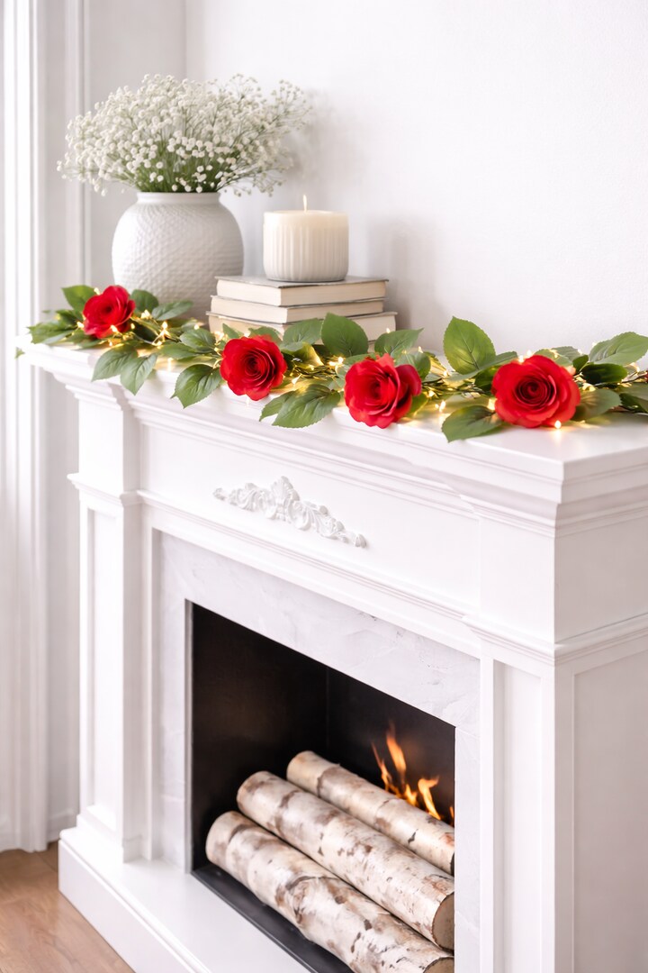 Red Rose Garland with Warm White Fairy Lights – Romantic Floral Red Rose Garland with Warm White Fairy Lights – Romantic Floral